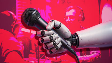 An AI bot holding a mic.