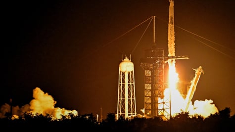 rocket taking off to black space, bright orange