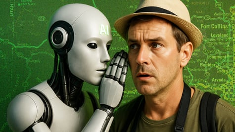 An AI bot whispering to a traveller.