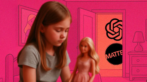 A girl with a barbie doll, and the mattel and openai logos lurking at the door.
