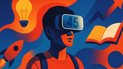 A student wearing a VR mask with the number 45 displayed on it.