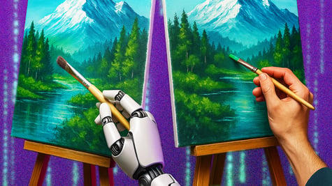 human had is painting a paintinh - river with forest and mountais, robot hand is doing a copy