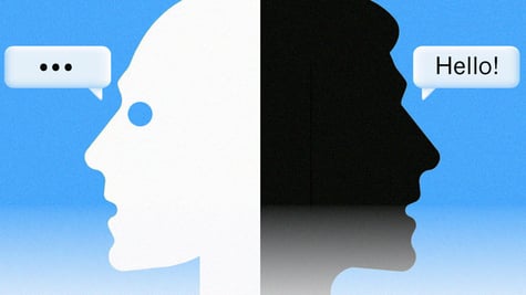 profiles of a black and white head, one having the typing image, other saying hello