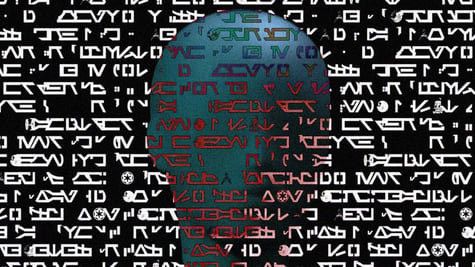 Complex coded language written over the head of an alien.