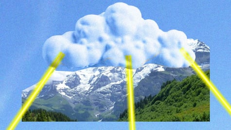 Swillps alps with forest with a scould with yellow rays abose
