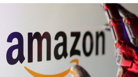 amazon logo with red robot on the right pointing to the logo