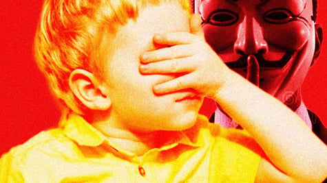 red anonymous mask, blonde boy covering his eyes, yellow