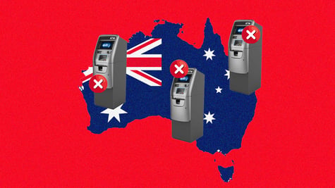 australia map and flag in red background with 3 atms with X