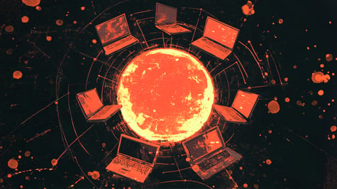 orange laptops orbiting like plates around the sun in black background