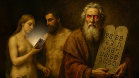 adam and eve, moses in old painting, eve holds an iphone, moses has laser eyes