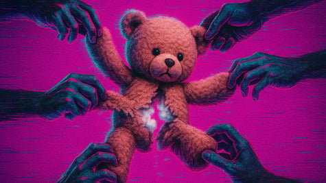 brown teddy bear being torn by six black hands, pink background