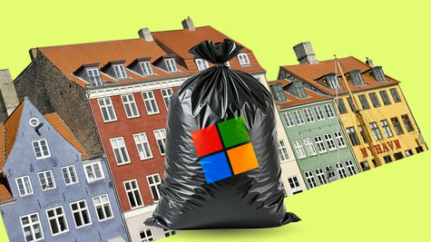 4 danish homes in line, yellow background, black trash bag in front with meta loto
