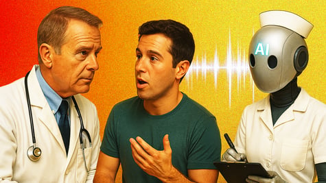 two men, green shirt, doctors coat, AI robot, taking notes, healthcare