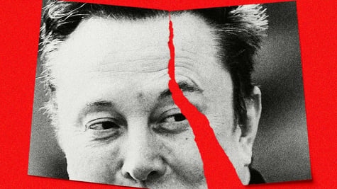 Elon Musk in a ripped photo on a red background.