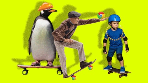 clundflare logo on penguin, google logo on mane on skates, boy