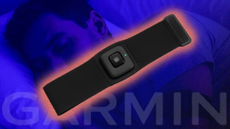 garmin black watch with text Garmin in front of a man sleeping in blue
