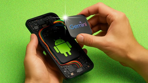 Google Gemini's logo literally being inserted into a smartphone.