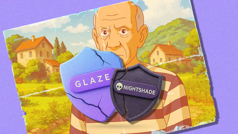 glaze, nightshade logos on broken shields, baby blue and black, old man, anime