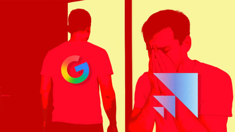 Two red men. One with Google G leaving and the other with Scale AI logo crying