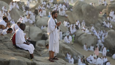 Pilgrims pray at the Jabal ar-Rahmah in Arafat as Muslims fulfill the Hajj pilgrimage in Mecca.