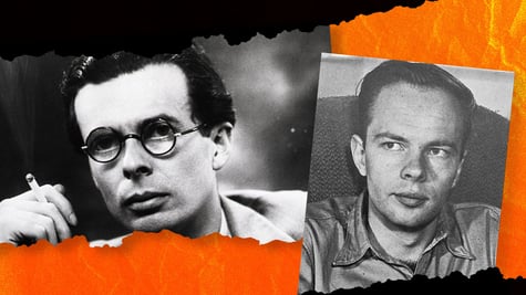 Magazine cutouts of Philip K. Dick and Aldous Huxley.