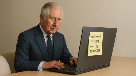 king charles on suit on grey laptop, sticky yellow note password