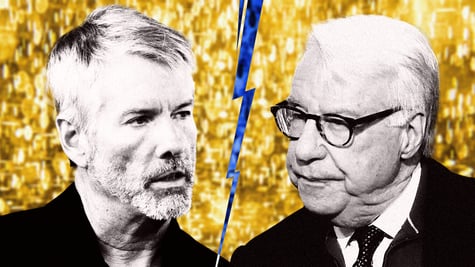 Two finance figures backed by a golden background.