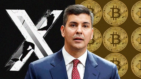 latino man in white suit and red tie, X logo on the left, bitcoin on the right