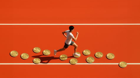 man in shorts and white t-shirt jogging in stadium full of bitcoin