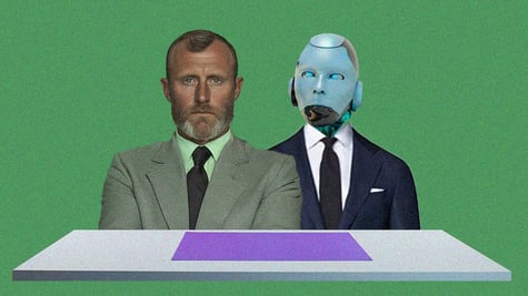 male news anchor in grey suit and a robot news anchor on his right