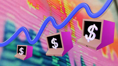 computer screens with dollar signs under a blue chart gong up