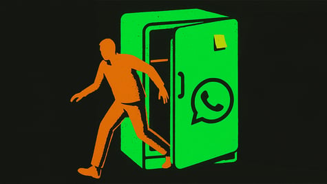 green fridge, whatsapp logo, yellow sticky note, orange man