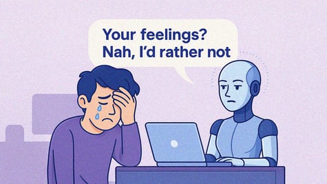 replica bot in front of computer abusing sad crying man