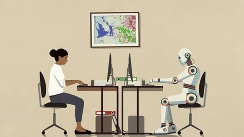 black woman behid a desk on left, robot behing a desk on right
