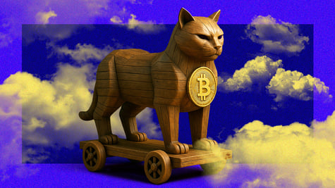brown wooden cat sculpture, golden bitcoin, yellow clouds