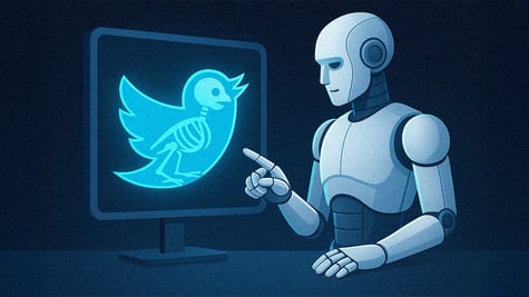 twitter logo in x-ray seen by a grey robot, dark blue background