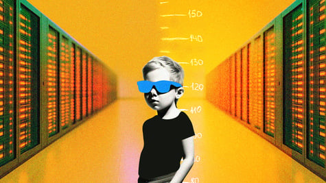 blonge boy, black shirt, yellow glasses, green and orange servers
