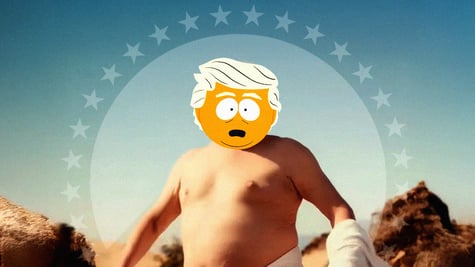 A South-Park style Donald Trump head on top of the Paramount logo.
