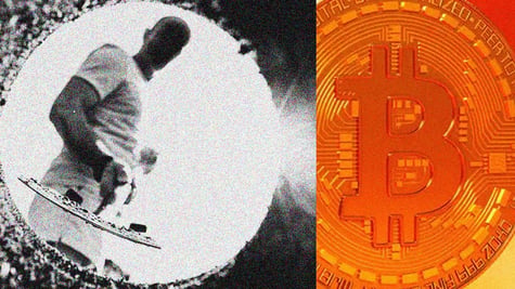 orange bitcoin, crypto criminal with shovel in black and white