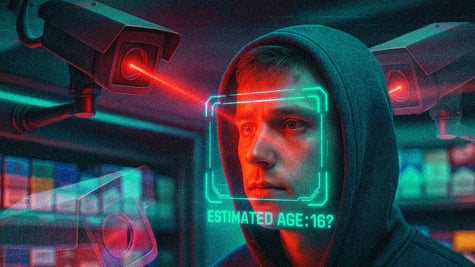 man, dark grey hoodie, camera, surveilance, red laser, age