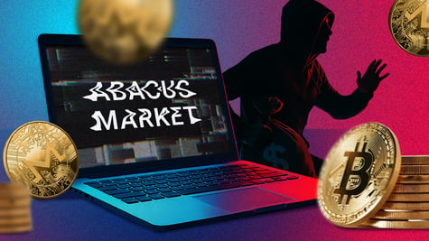 abacus market white distorted sign on broken laptop screen, bitcoin