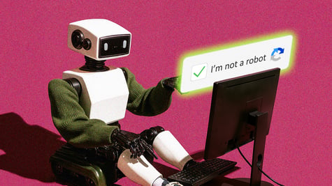 A robot sitting using a computer; CAPTCHA; bot verification