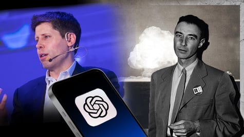 A split-screen of Sam Altman and Oppenheimer.