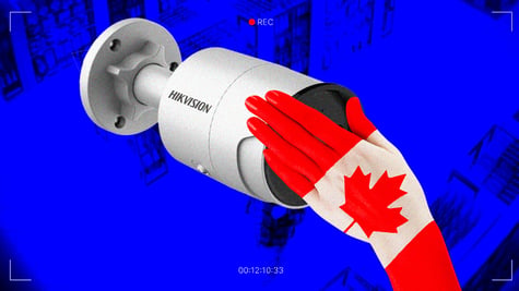 hand with canadian flag on hikvision camera
