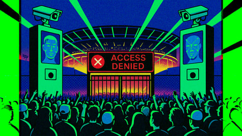 A futuristic gig with facial recognition equipment outside with big "access denied" signs.