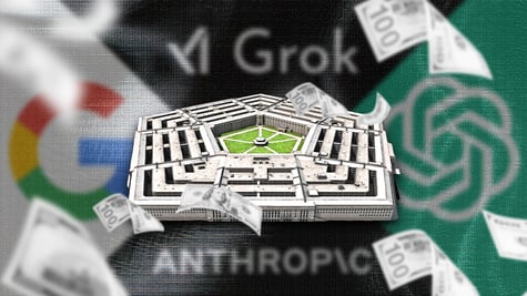 pentagon building, green garden, Open AI, Google, Grok, Anthropic logo, money