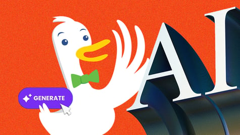 duckduckgo duck waving to AI, range background, green tie