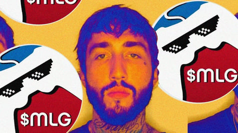 A mugshot of FaZe Banks atop a colorful MLG coin backdrop.