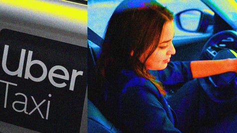 brunette in blue driving a car, Uber Taxi logo