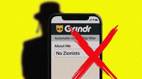 A red cross representing a ban over a Grindr screen with a shadow of a Jew in the background.